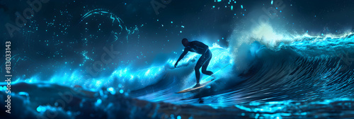 Glowing Bioluminescent Surfing at Night Surfers Riding Waves with Light Trails in the Sea