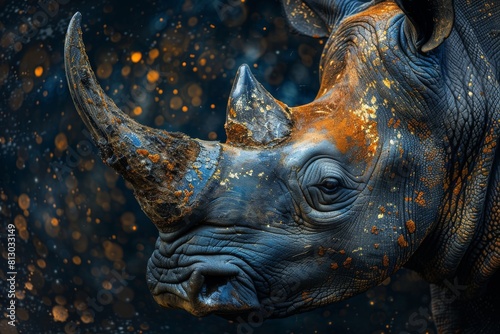 An exquisitely detailed close-up of a rhinoceros with textured skin surrounded by floating dust particles