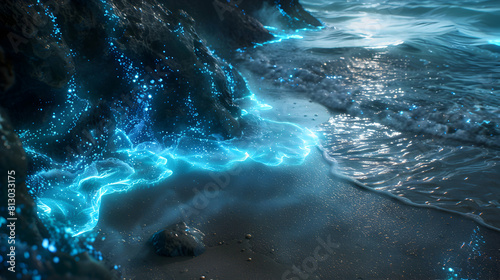 Bioluminescent Tide: The mesmerizing display of light as the tide rolls in, illuminating the beach and rocks   Photo Stock Concept photo