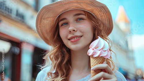 close up of a pretty girl eating ice cream  woman with ice cream  summer scene