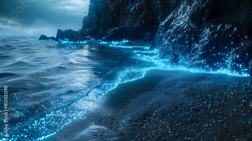 Bioluminescent Tide Illuminating Beach and Rocks with Mesmerizing Light Display Photo Realistic Stock Concept