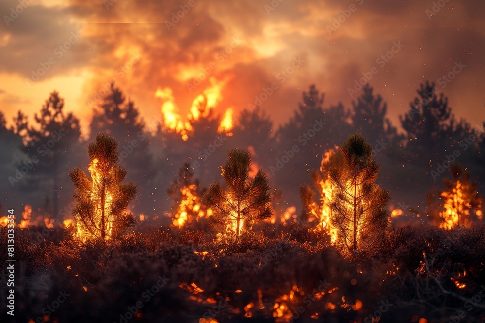 A devastating wildfire tears through a pine forest, capturing nature's raw power and the vulnerability of the ecosystem