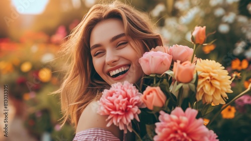 Girl holding a bouquet of flowers and smiling