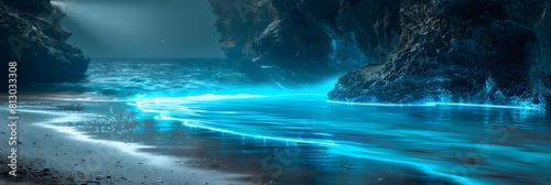 As the Tide Rolls In: Enchanting Bioluminescent Light Illuminating Beach and Rocks Photo Realistic Concept