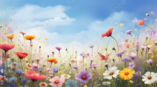 Spring flower meadow. Landscape nature background of beautiful flower. Wildflowers. Copy space
