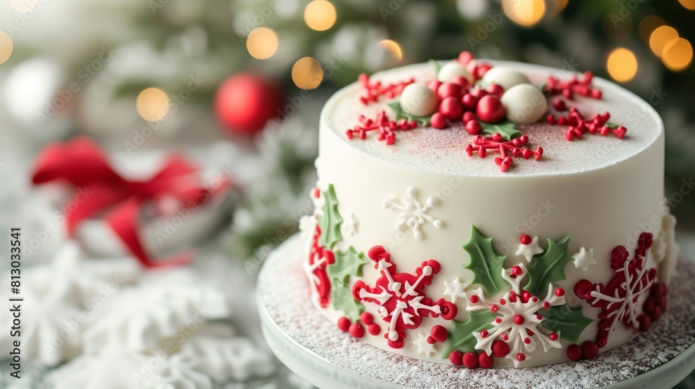 Cake decorated with seasonal accents like holly and snowflakes