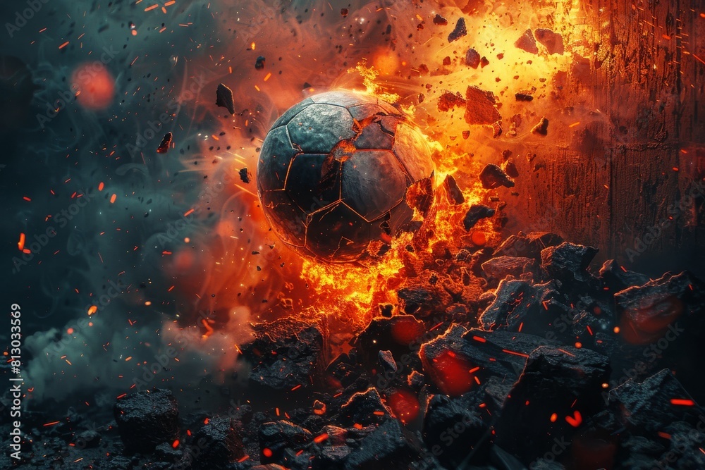 A soccer ball is exploding in a fiery ball of destruction A soccer ball is exploding in a fiery ball of destruction
