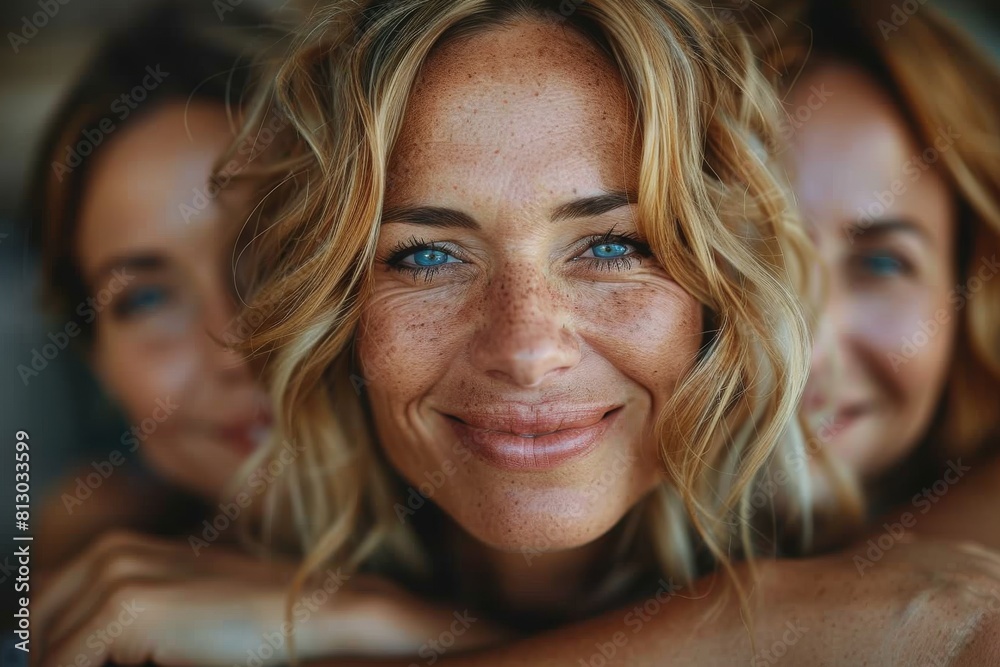 Beautiful smiling woman with freckles in the foreground, her friends smiling softly behind her