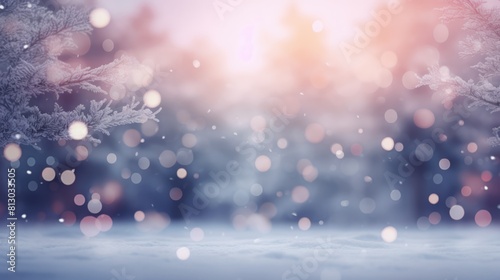 Christmas blurred forest background. Natural Winter Christmas wallpaper. Winter with blur landscape.
