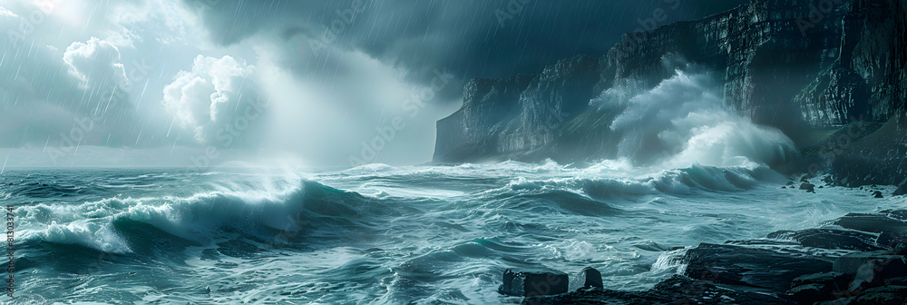 Dynamic Coastal Cliffs in Stormy Weather: Waves Crashing Against Majestic Cliffs Under Dramatic Skies   Nature s Power and Beauty Captured in Photo Realistic Concept