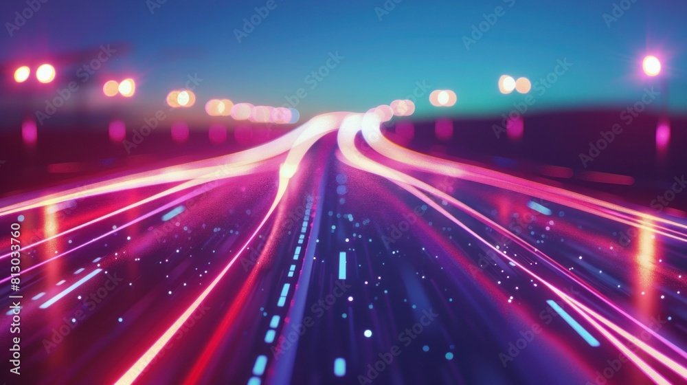 The impact of car headlights on the expressway. Low-poly construction of fine lines. Blue background The impact of car headlights on the expressway. Low-poly construction of fine lines. Blue background