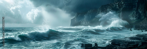 Dynamic Coastal Cliffs in Stormy Weather: Waves Crashing Against Majestic Cliffs Under Dramatic Skies   Nature s Power and Beauty Captured in Photo Realistic Concept photo