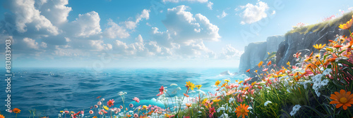 Vibrant Coastal Cliffs with Wildflowers in Spring   A Photo Realistic Representation of Colorful Blooms Along Seaside Landscape on Adobe Stock © Gohgah
