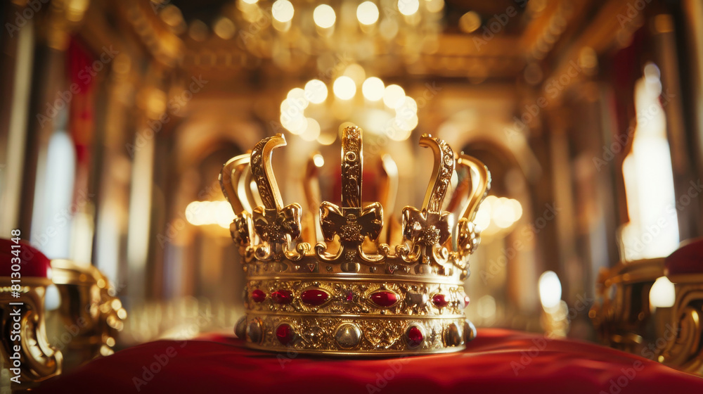 A king's crown in a majestic throne hall