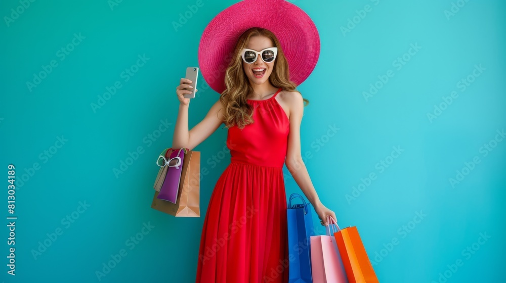 Woman Enjoying Summer Shopping Spree. Woman Enjoying Summer Shopping Spree.