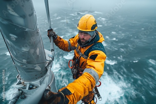 An industrial worker in yellow gear is securing or inspecting equipment on a maritime tower in foggy conditions
