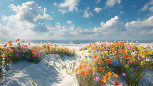 Serene Coastal Wildflower Dunes: A Photo Realistic Blend of Seaside Beauty and Floral Color Bursts
