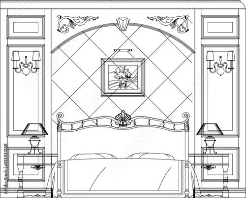 Vector sketch illustration of European ethnic classic old bedroom interior design illustration