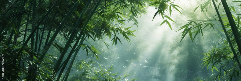 Naklejka premium Tranquil bamboo forest with tall, swaying bamboo stalks