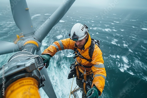 A technician in a safety harness is repairing an offshore wind turbine, with ocean waves below him