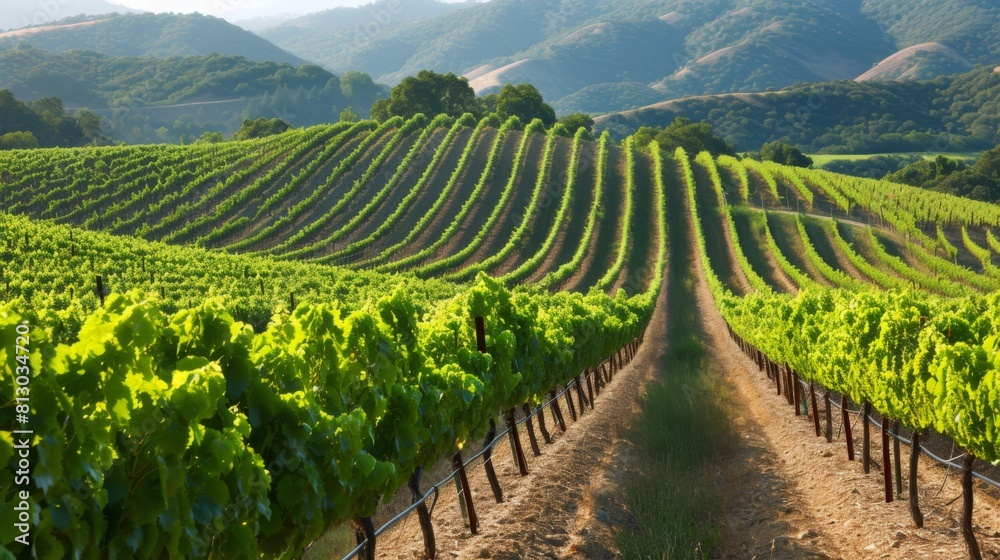 Fototapeta premium Vineyard is located against a backdrop of hills and mountains