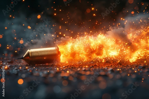 A dynamic image capturing the explosive moment of a bullet triggering a vibrant burst of flames and sparks