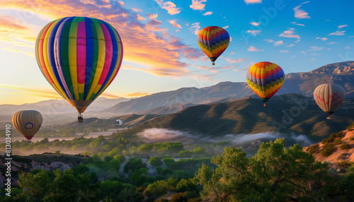 A breathtaking scene of multiple colorful hot air balloons floating over a mountainous landscape bathed in the warm glow of a sunrise.