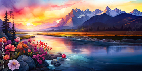 sunset in the mountains generative Ai