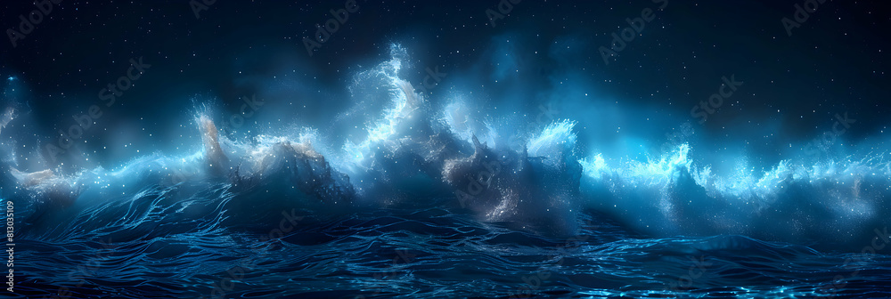 Enchanting Photo Realistic Capture of Dancing Ocean Waves Illuminated by Glowing Blue Lights   Ideal for Nighttime Ocean Observers   Photo Stock Concept
