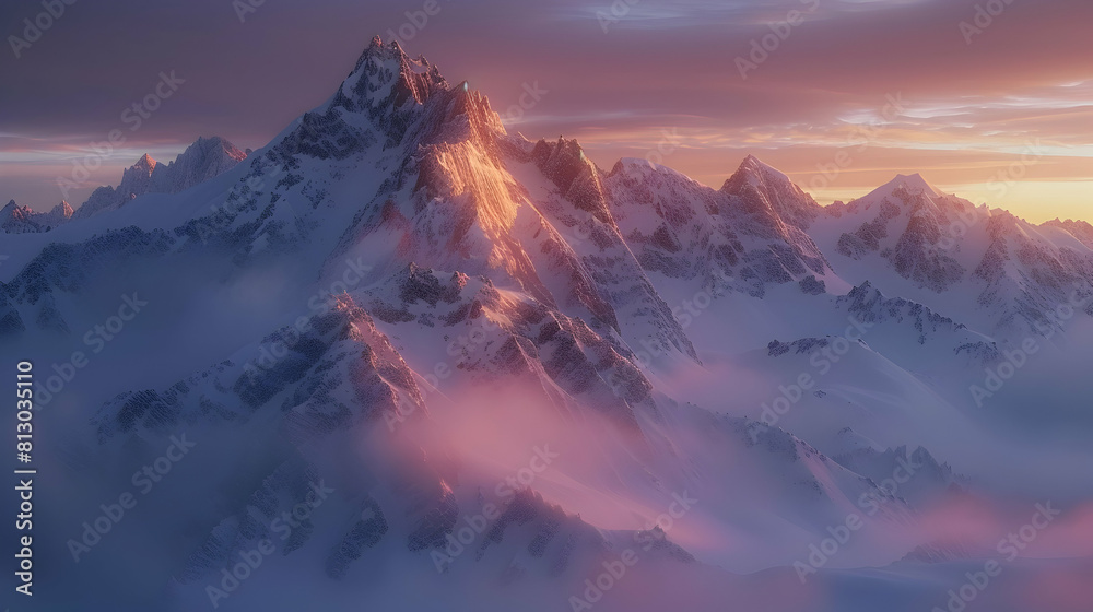 Dawn Over Snowy Peaks: Serene Early Morning Light Bathing Snow Capped Peaks in Warm Glow   Photo Realistic Concept