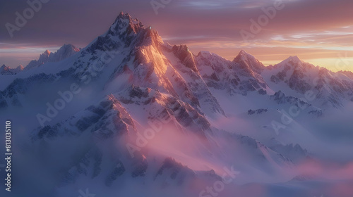 Dawn Over Snowy Peaks: Serene Early Morning Light Bathing Snow Capped Peaks in Warm Glow Photo Realistic Concept