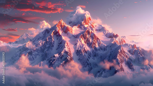 Serene Morning  Photo realistic depiction of Dawn Over Snowy Peaks as Early morning light bathes the snow capped peaks in a warm glow  offering a tranquil start to the day.