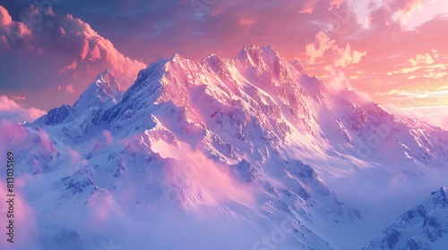 Early Morning Serenity: Snowy Peaks Bathed in Warm Dawn Light Photo Realistic Concept of Peaceful Start to the Day