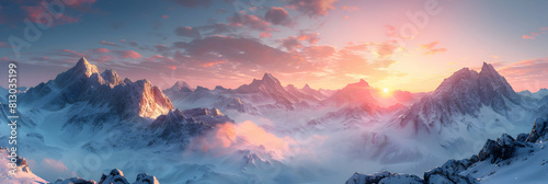 Snow Capped Peaks at Dawn: Serene Early Morning Light Bathing the Mountains in a Warm Glow Photo Realistic Concept