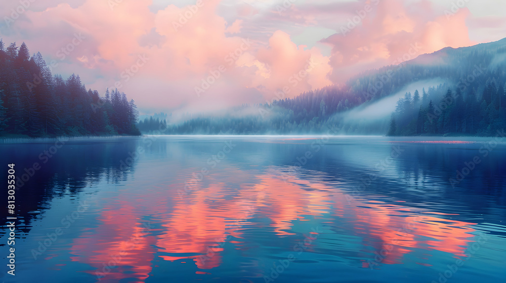 Dawn Reflections on Serene Lake: Tranquil waters mirror colorful sky at sunrise in photo realistic concept