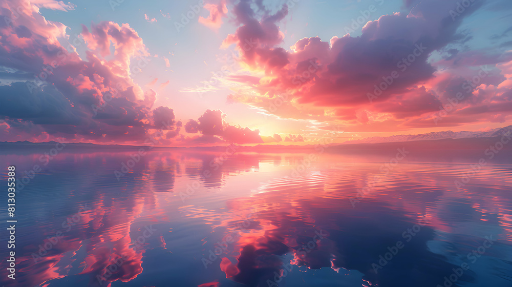 Dawn Reflections on Serene Lake: Tranquil Waters Reflecting Colorful Sky at Dawn � Photo Realistic Image