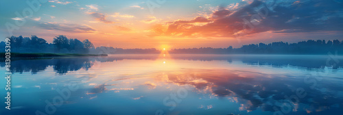 Dawn Reflections on Serene Lake: Tranquil waters mirror colorful dawn sky, creating perfect reflection Photo Stock Concept