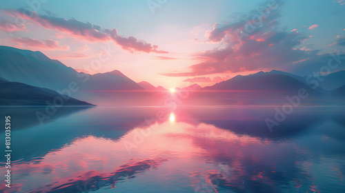 Dawn Reflections on Serene Lake: Tranquil Waters Reflecting Colorful Sky at Dawn Photo Realistic Image capturing serene lake dawn reflections offering a perfect mirror image Ad