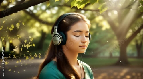 Person wearing headphone, closed their eyes and enjoying their  time in the park
