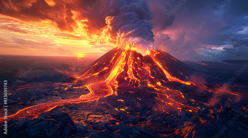Erupting Volcano at Dusk: Stunning Photo Realistic Image with Dramatic Landscape Illuminated by Dusk Colors