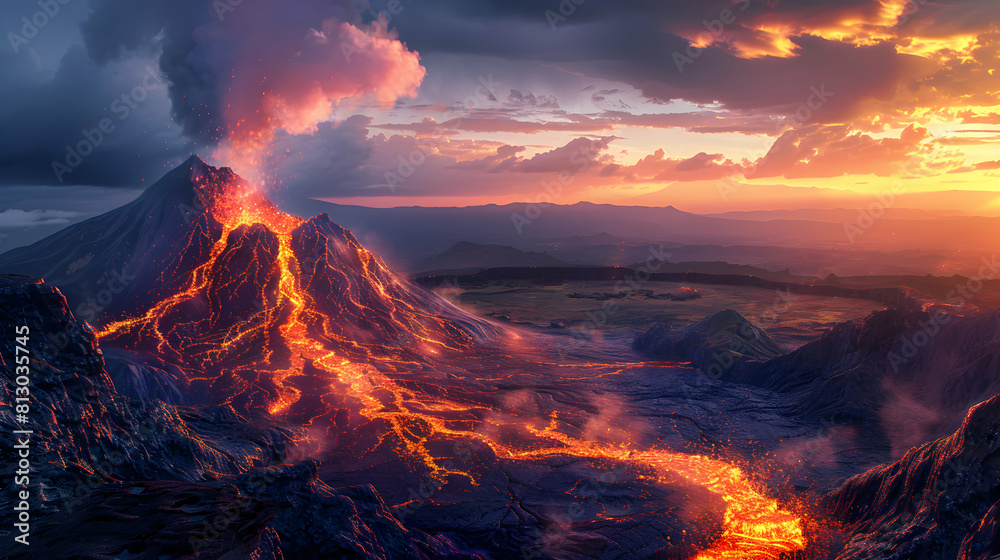 Erupting Volcano at Dusk: A Stunningly Realistic Photo Capturing Nature s Power and Beauty in Adobe Stock