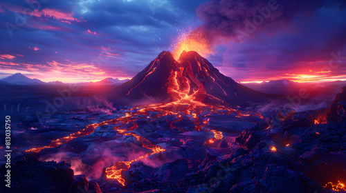 Erupting Volcano at Dusk: A Photo Realistic Capture of Nature s Power and Beauty with Dramatic Lighting Over a Rugged Landscape