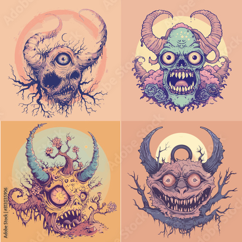 Surreal horror artwork featuring grotesque horned monsters with eerie eyes, decayed textures, and nightmarish expressions in a dark fantasy and macabre illustration style