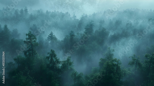 Foggy Old Growth Forest at Dawn: Early morning mist shrouds ancient woodland, adding mystery to this photo realistic image concept