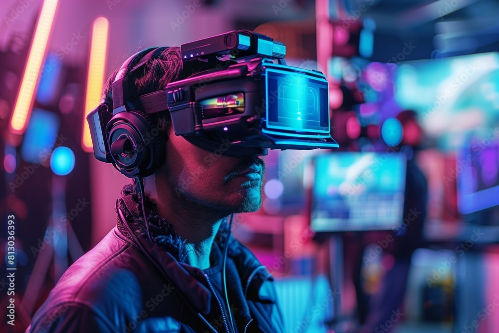 Intense focus as a VR filmmaker adjusts his high-tech headset amidst neon lights on a creative set. - AI Generated Intense focus as a VR filmmaker adjusts his high-tech headset amidst neon lights on a creative set. - AI Generated