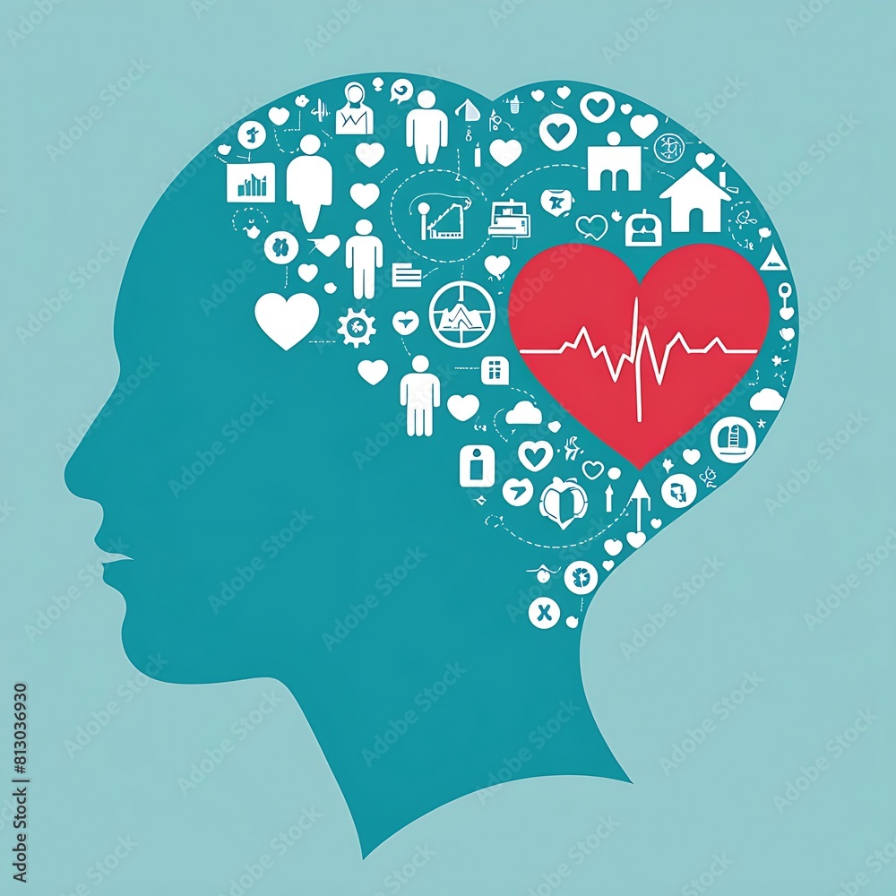 3d illustration of mental health day human profile and heart with icons, copy space 3d illustration of mental health day human profile and heart with icons, copy space