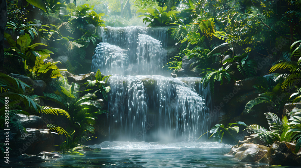 A Secluded Waterfall Cascading Through Lush Foliage: Serene Rainforest Escape