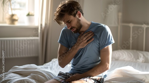 Morning discomfort. Young man with chest pain sitting on bed. Health issues capture. Photograph style. Health-related content. AI