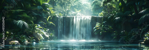 Hidden Waterfall in Rainforest  A serene escape as a secluded waterfall cascades through lush tropical foliage  creating a photorealistic oasis in the heart of the jungle.