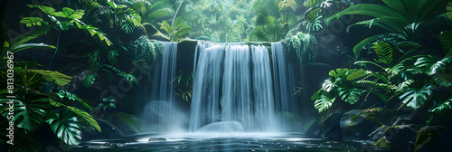 Serene Escape  Secluded Waterfall Through Lush Foliage in Rainforest   Photo Realistic Hidden Waterfall Cascading in Tropical Paradise   Adobe Stock Concept